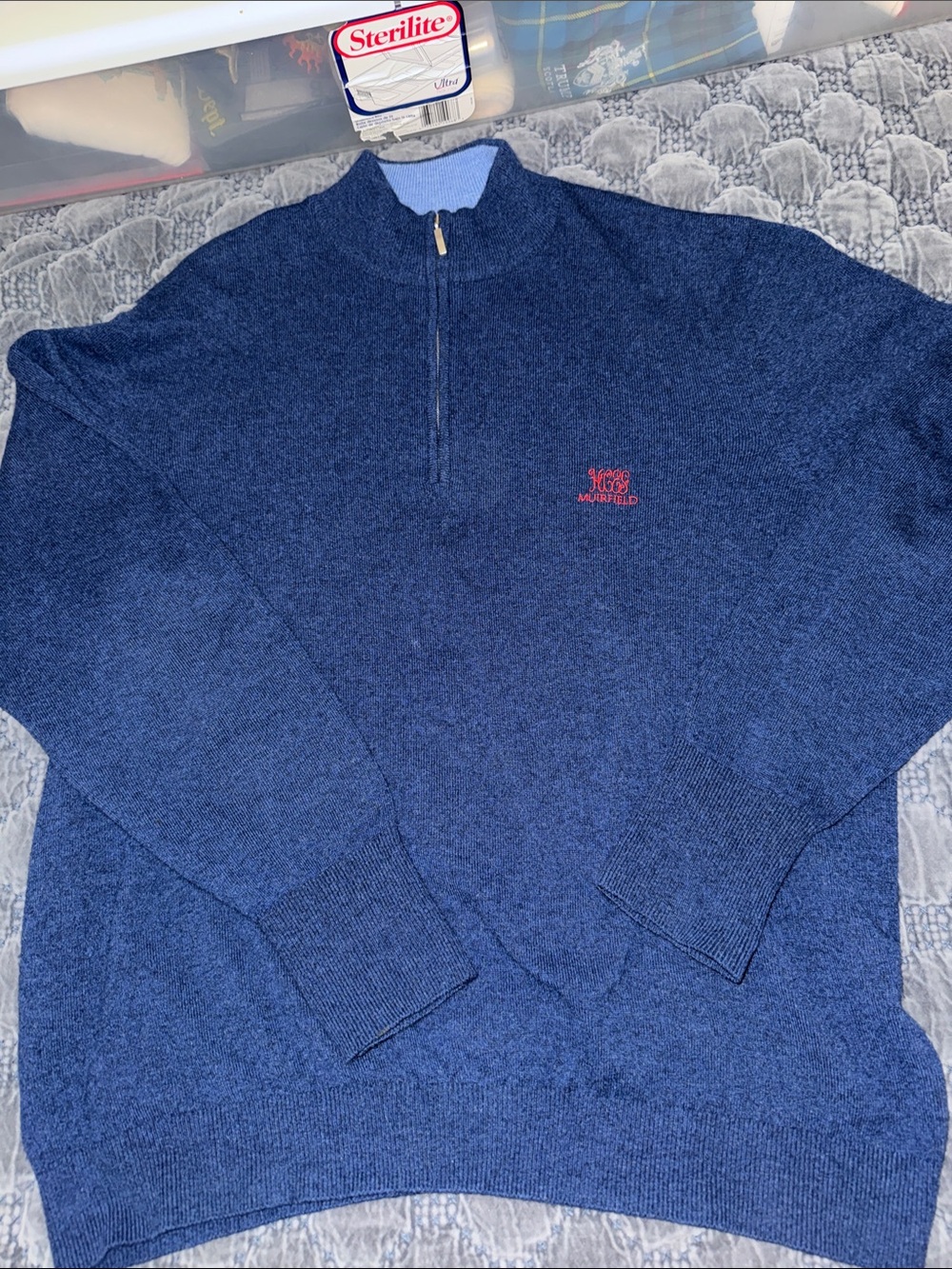 Men's Navy Half-Zip Sweater - 100% Cashmere - Large - Muirfield - brand: Hawico